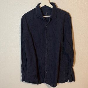 Raffi Pure Linen Navy Abstract Block Printed Button Down Shirt Size Large